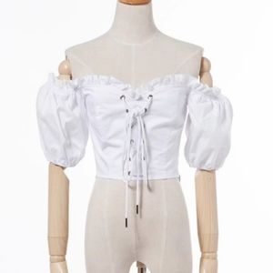 White corset like tie crop top puff sleeves